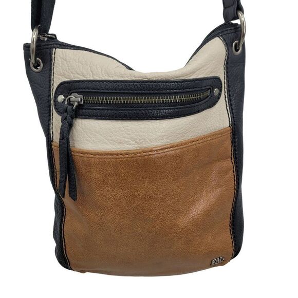 The Sak Leather Crossbody Messenger Satchel Color Blocked Cream Brown Black - Picture 4 of 16